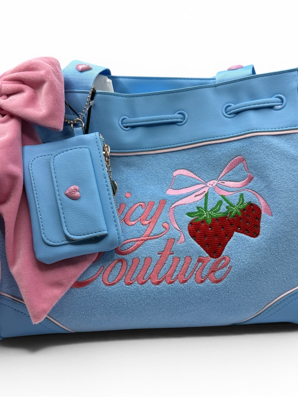 Juicy Couture Light Blue Tote with Pink Accents and Strawberry Embroidery